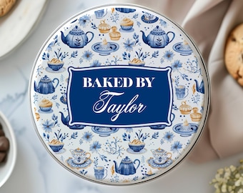 Personalized Baked by Chinoiserie Teapot Cookie or Cupcake Storage Tin for Gift Giving Baking Kitchen Box Baked Goods, Gift for Baker