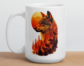 Wolf and Sunrise, Sunset, white glossy 15 oz mug, Forest Scene, Family of Wolves, Wild Wolf in the Forest Design, Wolfpack, 2 Sided