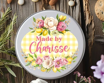 Personalized Floral and Gingham Yellow and Pink Pastel Flowers Made By Storage Tin for Easter Cookie Tin Holiday Baking Kitchen Baked Goods