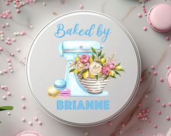 Personalized Macaroons and MIxer Pastel Flowers Baked By Storage Tin for Easter Cookie Tin Holiday Baking Kitchen Box Baked Goods