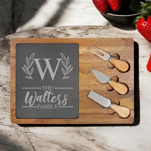 Personalized Acacia Wood Cheese Board with Slate Insert & Wood Handled Tools