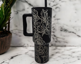 Vaso de 40 oz con grabado de peonía: taza de viaje de acero inoxidable negra