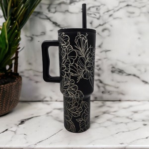 Peony Engraved 40 oz Tumbler: Black Stainless Steel Travel Mug