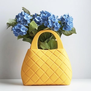 Quilted Bag Vase, Yellow Purse Flower Holder, Customizable, Cute Elegant Vase for Fashionistas, Fashion Designer Floral Vase, Eco-Friendly