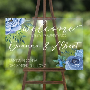 Clear Acrylic Dusty Blue and Navy Roses Welcome to Our Wedding Sign Design 18&quot; x 24&quot;, Personalized Sign, Clear Acrylic Sign with Calligraphy