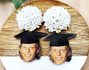 Graduation Son, Daughter, Husband, Face Earrings Photo Acrylic Two Sided Custom and Personalized Pierced White Sequin Top Graduate Party