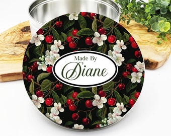 Personalized Cherries and Blossoms Cookies and Cupcakes "Made By" Bakery Themed Storage Tin for Holiday Baking Kitchen Box, Baker Gift