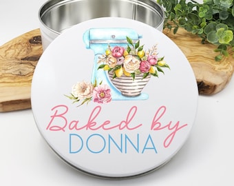 Baked By Personalized Cookie Tin, Baking Tin, Watercolor Baking Tin, Baking Gift, Personalized Birthday Gift, Cupcakes, Blue Floral Mixer