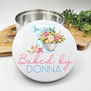 Personalized Baking Tin: Watercolor Floral Mixer, Custom Cookie Holder, Blue Mixer with Flowers Design, Bakery Container