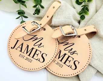 Personalized Round UV Printed Vegetable Tanned Luggage Tags for Bride and Groom Husband Wife Est. Date Wedding Anniversary Gift Set of 2