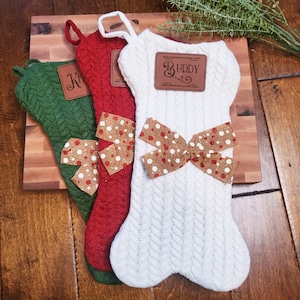 Personalized Cable Knit Dog Bone Stocking with Hanger Ivory, Red, Green with Leatherette Patch and Vintage Style Name Pet Gift, Secret Santa