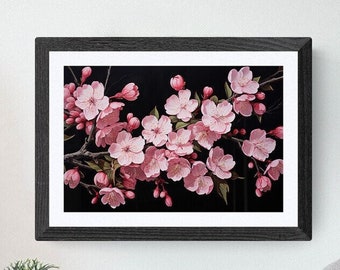 Cherry Blossoms Art Print, Cherry Flower Tree, Pink and Black Wall Art, WatercolorDigital Print, Art Prints, Botanical Illustration, Giclée