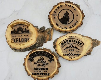 Set of Four Camping Theme Coasters Engraved on Rustic Elmwood - Gift for Mom, Housewarming Gift