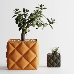 Puede incluir: Dos macetas cuadradas con un diseño acolchado. La maceta más grande es naranja y contiene una planta de jade. La maceta más pequeña es verde oscuro y contiene una suculenta.