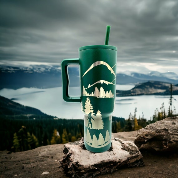Bigfoot Mountains Lake 40 Oz Handle Tumbler in Deep Forest Green With  Canoe, Bear Deer Trees Personalized Spillproof Straw Hidden Sasquatch 