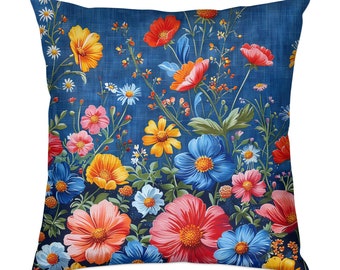 Floral Pillow Cover, Bright Wildflowers on Blue, Decorative Throw Pillow, Colorful Home Decor, Spring Flower Cushion, Living Room Accent