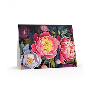 Cartes de voeux, pivoines aquarelles, design dramatique, lot de 8, 16 24, cartes de correspondance florales, cartes de remerciement, ensemble de papeterie, anniversaire, mariage