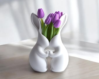 Loving Rabbits Vase, Wedding Gift, Bride and Groom, Bunny Embrace Vase, 3D Printed, Wedding Gift, Eco-Friendly, White or Pink Rabbits