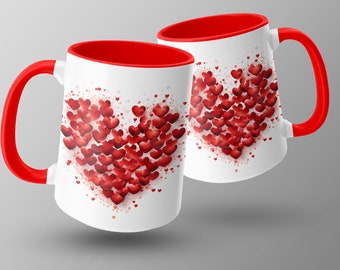 Love Heart Mug, Red Hearts Design, Coffee Gift, Valentine's Day Coffee Cup, Anniversary Present, Sweetheart Love Mug, Valentine Gift, 15 oz