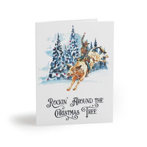 Vakantiewenskaarten, cowboy op een paard rockt rond de kerstboom, blanco, set van 8, 16, 24 stuks, kerstkaartpakket, blanco kaarten