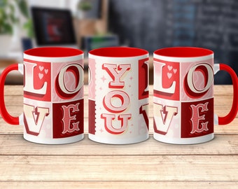 Retro Love Typography Stamp Mug, Unique Romantic Gift, Colorful Lettering, Vintage Style Cup, Valentines Day Present Idea, Love You, 15 oz