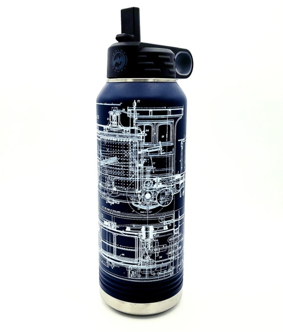 Vintage Train Blueprint Water Tumbler With Straw 40 Oz Bottle Navy and  White Stainless Steel and Plastic Double Walled Father's Day Gift 