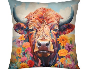 Colorful Highland Cow Pillow, Floral Meadow Decorative Cushion, Artistic Home Decor Accessory, Unique Vibrant Sofa Pillow, Hand Painted