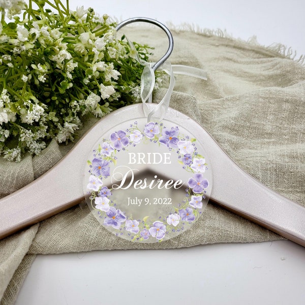 Personalized Purple Violet Frosted Acrylic Wedding Hanger Tag, Bridesmaid Tag, Dress Tag, Bridesmaid Gift, Printed Hanger Gift, Wedding Tags