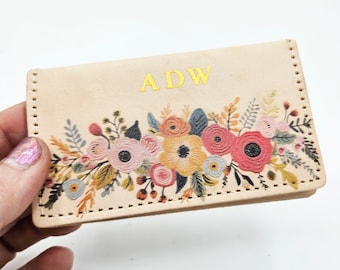 Monogrammed Floral Leather Card Case: Veg-Tanned Business Card Holder