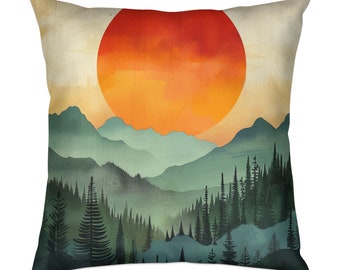 Rustic Mountain Sunset Landscape Pillow, Artistic Nature Scenery Cushion, Home Decor Accent Pillow, Cabin Decor, Mountain Home Pillows