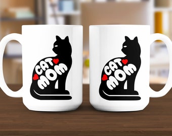 Cat Mom Mug, Black Cat Silhouette with Red Hearts, Perfect Gift for Cat Lovers, Coffee Cup for Cat Owners