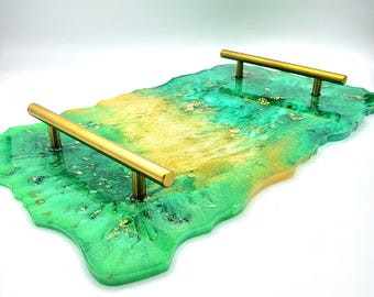 Green Agate Resin Tray: Gold Flakes, Charcuterie Board, Home Decor