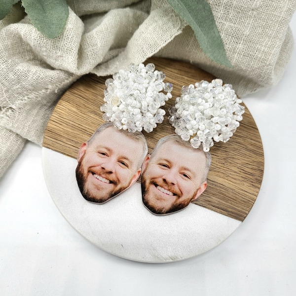 Bachelorette Two Sided Party Fiancé Photo Earrings, Boyfriend, Husband Face Jewelry Acrylic Bride Pierced White Pearl Wedding Shower Gift