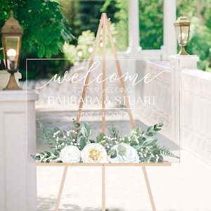 Clear Acrylic Wedding Welcome Sign: White Roses, Personalized 18x24