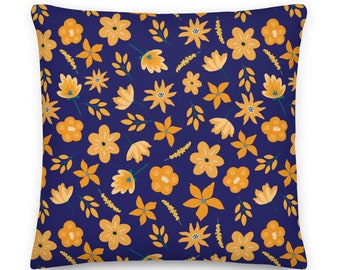 Navy and Orange Floral Throw Pillow, Lumbar Pillow, Pillows, Flowers, Simple Modern Design, Home Decor Pillows, Custom Design