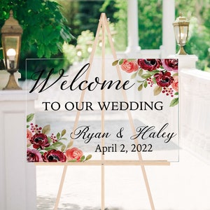 Burgundy Roses Clear Acrylic Wedding Welcome Sign (18&quot; x 24&quot;)