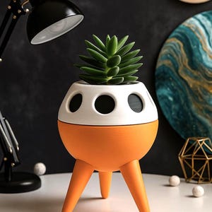 Maceta retro con forma de cohete, decoración espacial de mediados de siglo impresa en 3D, maceta moderna con forma de OVNI, maceta naranja con forma de barco, regalo de ciencia ficción, regalo espacial