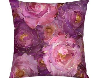 Alcohol Ink Roses Pink and Purple Pillow, Gold Accent Decorative Throw Pillow, Abstract Rose Design, Living Room Accessory, Roses Pillow