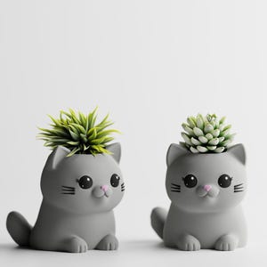 May include: Two gray cat-shaped planters, each with a succulent plant. The planters have large black eyes, pink noses, and black whiskers. One has a spiky green plant, the other a rounder, light green succulent.