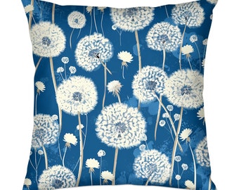 Blue and White Dandelion Pillow Cover, Floral Home Decor Cushion, Botanical Throw Pillow, Nature Inspired Living Room Accessory, Dandelions