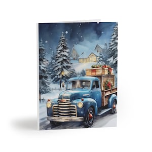 Tarjetas de felicitación navideñas de camión, juego de 8, 16 y 24 piezas: Escena nocturna azul, Tarjeta navideña, Camión azul, Papelería festiva, Tarjeta de invierno