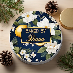 Lemons and Flowers Baked by Personalized Cookie Tin, Storage Tin, Watercolor Baking Tin, Baking Gift, Cupcakes, Holiday Gift
