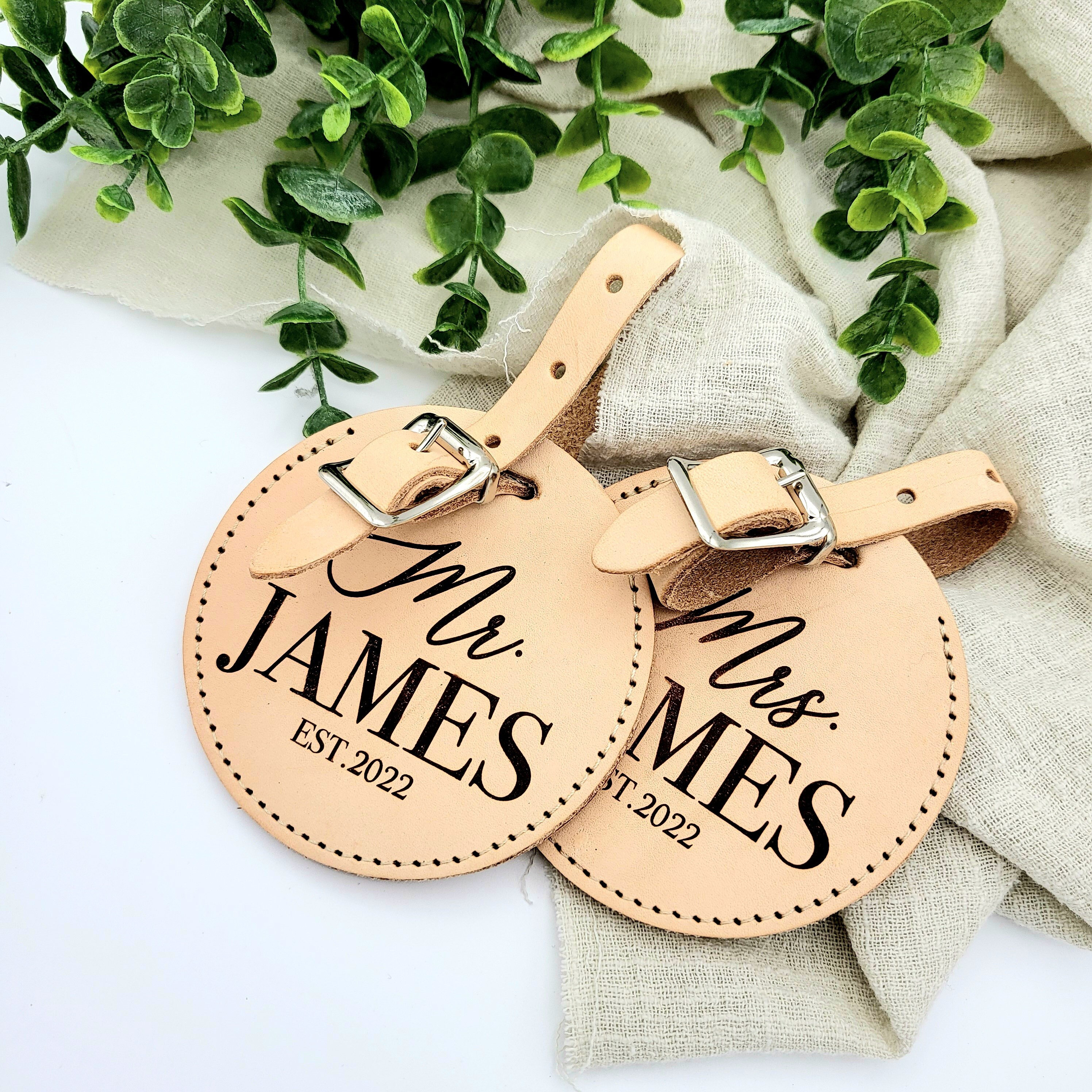 Personalized Leather Luggage Tags, Wedding Anniversary Gift, Set of 2