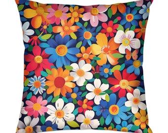 Flower Power Pillow Cover, Colorful Flower Pattern Cushion, Vibrant Home Decor, 70s Style Throw Pillow, Designer Accent, Hidden Butterfly