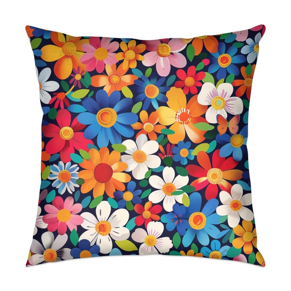 Housse de coussin Flower Power, coussin motif fleurs colorées, décoration d'intérieur vibrante, coussin style années 70, décoration de créateur, papillon caché