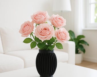 Modern Black Japandi Vase: 3D Printed Ribbed Decor
