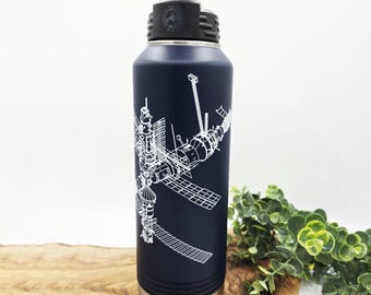 40 oz Stainless Steel Tumbler, ISS Blueprint Design, Space Lover Gift, Navy Water Bottle