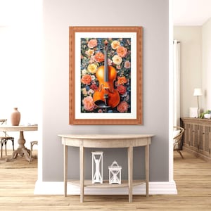 Violin Art Print: Vibrant Floral Melody, Musician Gift