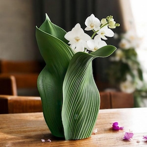 Vaas met gevouwen groene bladeren Bananenbladeren bloemenhouder, 3D-geprint, milieuvriendelijk, junglethema, aanpasbaar formaat