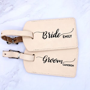Personalized Rectangle UV Printed Bride and Groom Tan Biege Luggage Tags for Bride and Groom or Husband Wife Wedding Set of 2